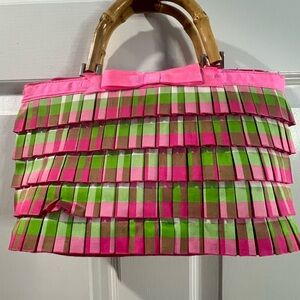 Braciano Hand Bag with Pink, Green and White Ruffles and Double Bamboo Handles